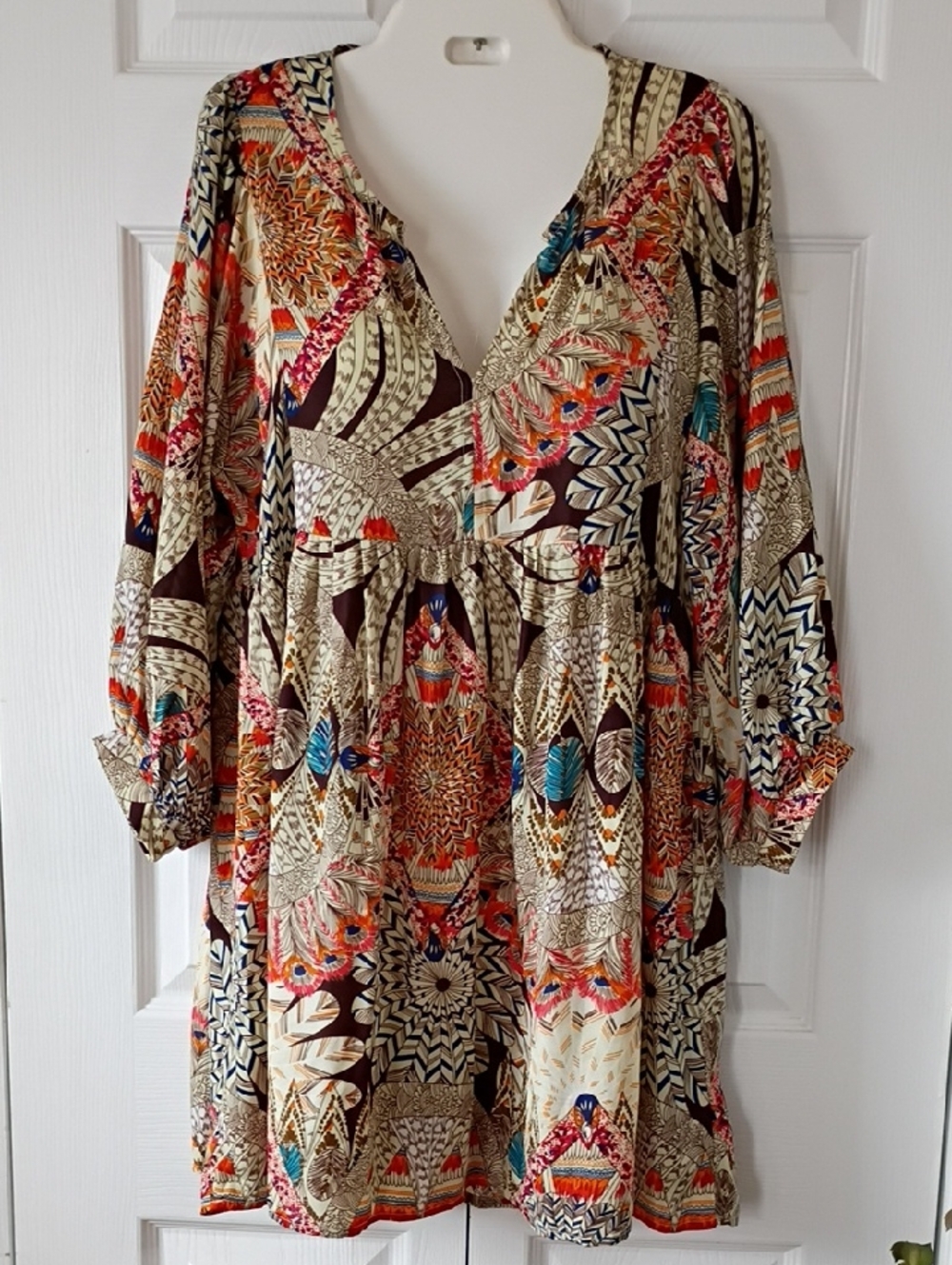 Umgee Cream Boho V-Neck Dress with Multicolor Tribal Print